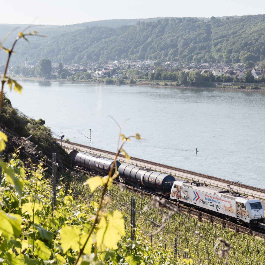Foto eines RheinCargo Zuges entlang des Rheins